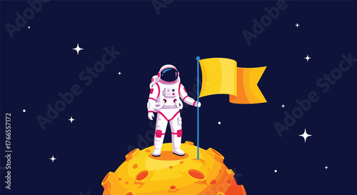 An astronaut in a white spacesuit plants a yellow flag on a cratered, golden moon, symbolizing exploration and achievement in space.