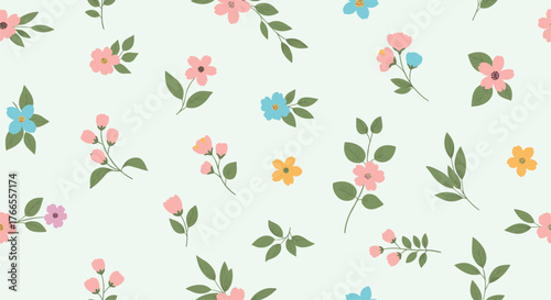 A charming seamless pattern of scattered, delicate pastel flowers and green leaves on a soft light green background, ideal for spring designs.