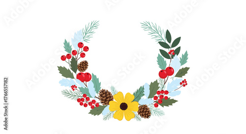 A vibrant seasonal wreath adorned with red berries, pinecones, evergreen branches, frosty leaves, and a bright yellow flower on a white background.
