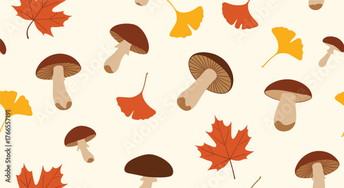 Seamless pattern with autumn elements like mushrooms, maple leaves, and ginkgo leaves on a light background.