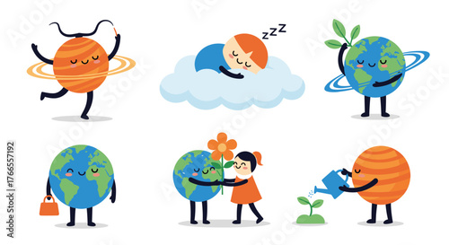 Adorable cartoon planets and people engaging in various activities promoting environmental care, rest, and happiness.