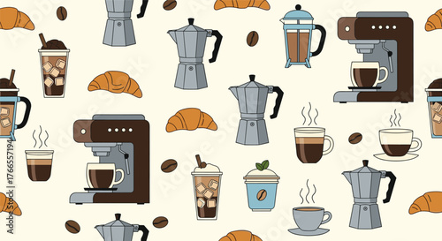 An inviting seamless pattern featuring various coffee brewing methods, drinks, and freshly baked croissants for a cozy breakfast.