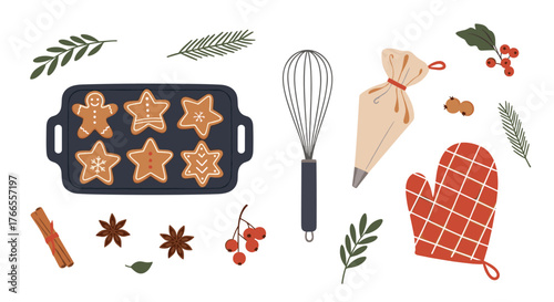 Various Christmas baking items, including gingerbread cookies, spices, and tools, perfect for holiday kitchen projects.