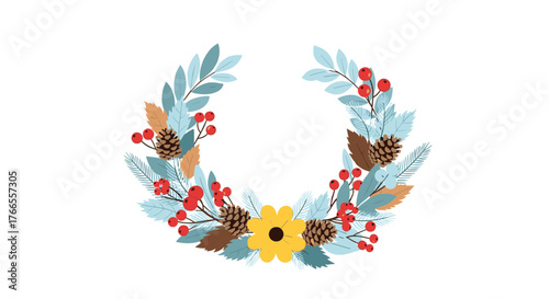 A charming winter wreath illustration with frosty blue leaves, red berries, natural pinecones, and a cheerful yellow daisy-like flower, ideal for seasonal designs.