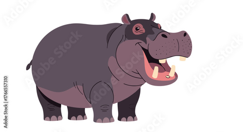 A cheerful cartoon hippopotamus stands smiling with its mouth wide open, showcasing a friendly and playful demeanor in a vibrant illustration.