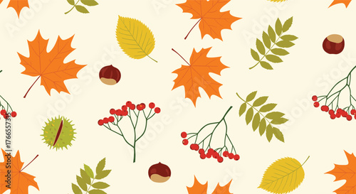 A beautiful and detailed seamless autumn pattern featuring a variety of colorful leaves, red berries, and chestnuts, ideal for design.