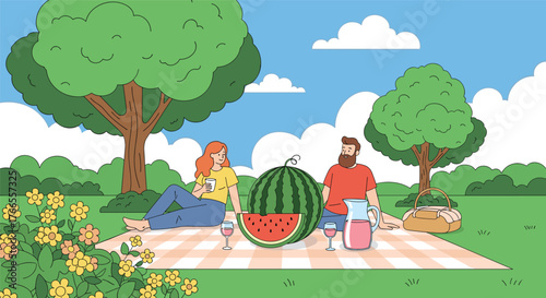 A joyful couple unwinds during a sunny day picnic in a vibrant park, complete with fresh watermelon, drinks, and a cozy blanket.