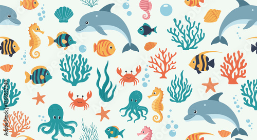 Cute cartoon seamless pattern of diverse ocean animals and marine plants, including dolphins, fish, seahorses, octopuses, crabs, and coral.