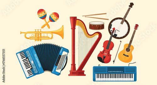 Various musical instruments from string, brass, percussion, and keyboard families are displayed in a vibrant flat design illustration.