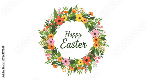 A vibrant spring floral wreath adorned with colorful orange, pink, and yellow flowers and green leaves, encircling a \ monogram.