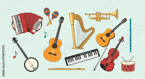 A diverse collection of musical instruments including string, brass, woodwind, percussion, and keyboard instruments, illustrated on a light background.