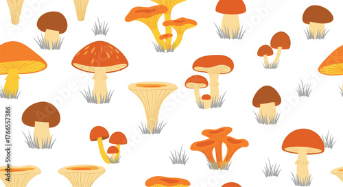 A colorful seamless pattern features various stylized forest mushrooms in warm autumn hues of orange, yellow, and brown, scattered with green grass.