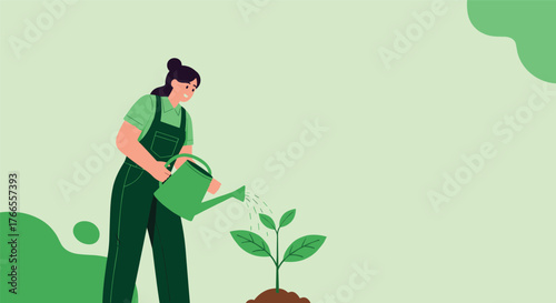 A cheerful woman in green overalls carefully waters a small seedling, promoting growth and environmental care in a vibrant, illustrative setting.