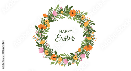 A colorful floral wreath featuring orange, yellow, and pink flowers with green leaves, framing a 'Happy Easter' message, perfect for spring holiday celebrations.