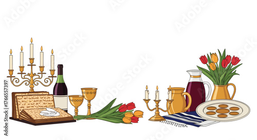 Traditional Passover Seder table setting featuring matzah, wine, ceremonial plate, and festive candles.