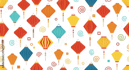 Seamless pattern of vibrant Chinese lanterns in various shapes and colors, adorned with decorative spirals and geometric elements, on a white background.