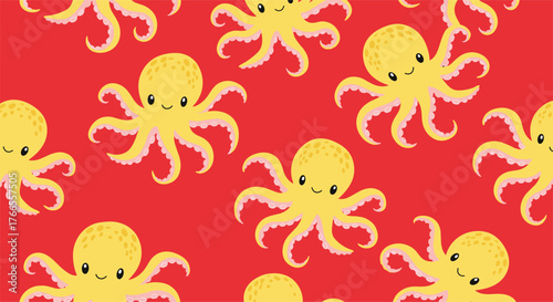 Whimsical seamless pattern featuring adorable yellow octopuses with smiling faces, perfect for a fun and vibrant background design.