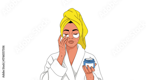 A woman in a white bathrobe with a yellow head towel applies under-eye patches during her relaxing skincare routine, holding a jar of face cream.