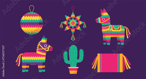 A vibrant collection of traditional Mexican party and cultural symbols including colorful piñatas, a cactus, and a serape on a solid background.