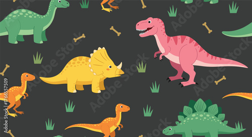 Cute cartoon dinosaur seamless pattern with various prehistoric animals, bones, and grass on a dark background.