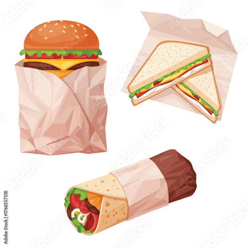 Delicious lunch set featuring burger, sandwich, and wrap for your appetite