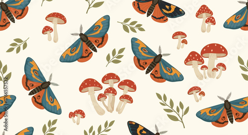 Seamless pattern of beautiful moths with blue and orange wings, red and white fly agaric mushrooms, and green leaves on a cream background.