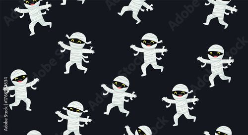 Cute cartoon mummies in various playful poses forming a seamless Halloween pattern on a dark background.