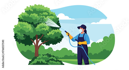 A person wearing protective gear, including a mask and gloves, sprays a tree with a hose in a garden, performing pest control or watering.