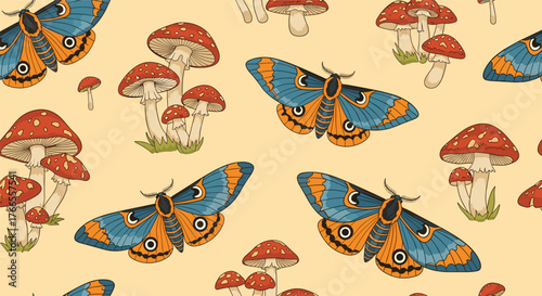 Seamless pattern with vibrant blue and orange moths alongside red-capped toadstools and delicate fungi on a soft yellow background.