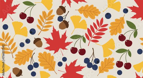 Seamless pattern of vibrant autumn leaves, berries, and acorns on a light background, perfect for fall designs and seasonal decorations.