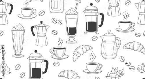 Seamless pattern with hand-drawn coffee beverages, brewing equipment, and pastries like croissants, perfect for breakfast themes or cafe decor.