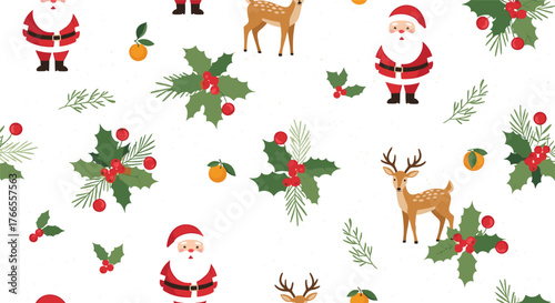 A charming seamless Christmas pattern featuring Santa Claus, cute reindeer, festive holly, pine branches, and tangerines on a white background.