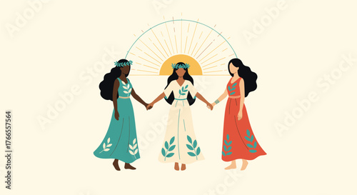 Three diverse women in flowing dresses and leaf wreaths hold hands under a radiant sun, symbolizing unity and connection.