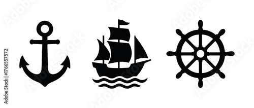 Vector Nautical symbols: anchor, sailboat, and ship wheel silhouettes on white background