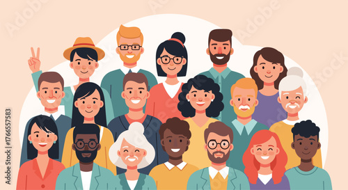 A vibrant and diverse community of smiling men and women from various age groups and backgrounds standing together in unity.