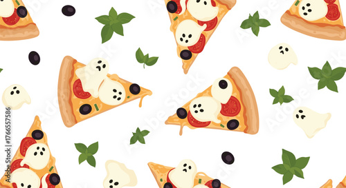 Fun and festive Halloween pizza pattern featuring cute ghost mozzarella, pepperoni, olives, and fresh basil for a spooky celebration.