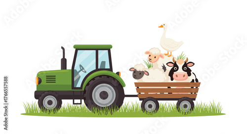 A cartoon green tractor pulls a wooden wagon filled with happy farm animals including a goose, two sheep, and a cow, all standing on green grass.