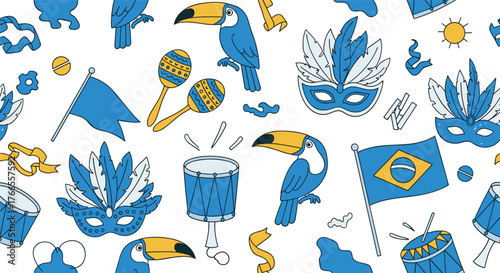 Vibrant seamless pattern with hand-drawn Brazilian Carnival masks, toucans, musical instruments, and national symbols.