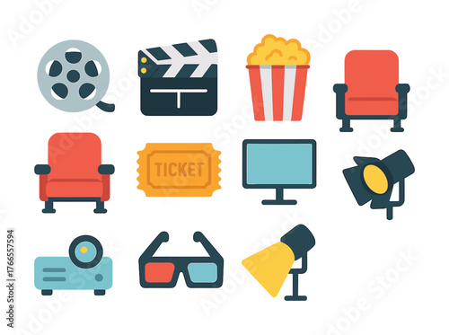 Vector Cinema icons: film reel, clapperboard, popcorn, seats, ticket, screen, projector, glasses, spotlight