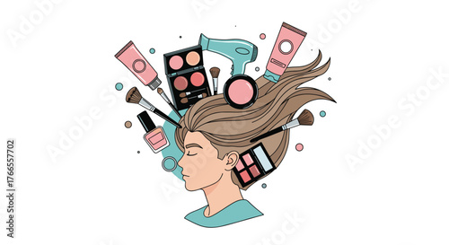 Creative illustration showcasing a person's head with flowing hair filled with cosmetology essentials like makeup brushes, palettes, and a hairdryer.