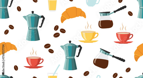 Seamless breakfast pattern with various coffee makers, steaming cups of coffee, fresh croissants, and scattered coffee beans on a white background.