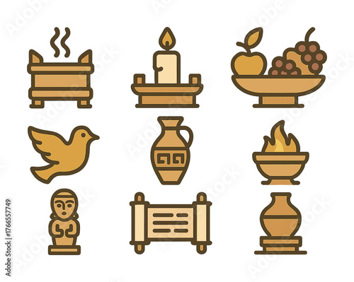 Vector Cartoon symbols of ancient rituals with candle, vase, fruits, and fire