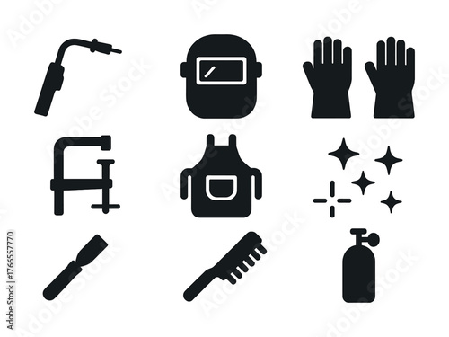 Vector Silhouette icons of welding tools and safety equipment