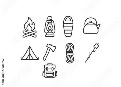 Vector Camping essentials icon set: fire, tent, lantern, axe, rope, teapot, sleeping bag, backpack