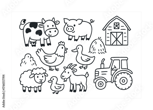 Vector Cartoon farm animals and tractor with barn