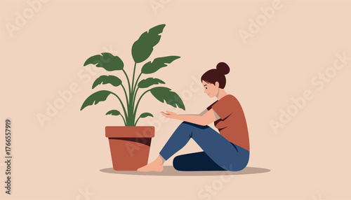 Young woman peacefully tending to a vibrant potted plant,  embracing tranquillity and nature's gentle embrace in a serene indoor setting., Adobe Illustrator Artwork