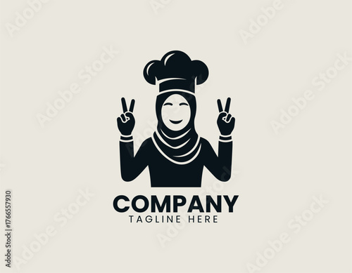 Cheerful cartoon Muslim woman chef illustration wearing brown hijab and pointing fingers upwards