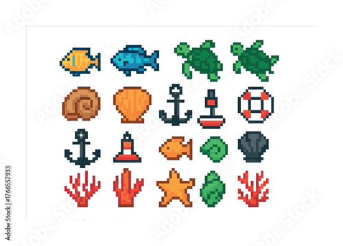 Vector Colorful pixel art marine life and nautical icons set
