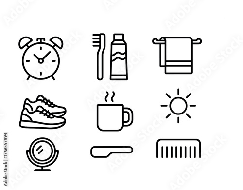 Vector Essential morning routine icons: clock, toothbrush, towel, shoes, coffee, sun, mirror, comb
