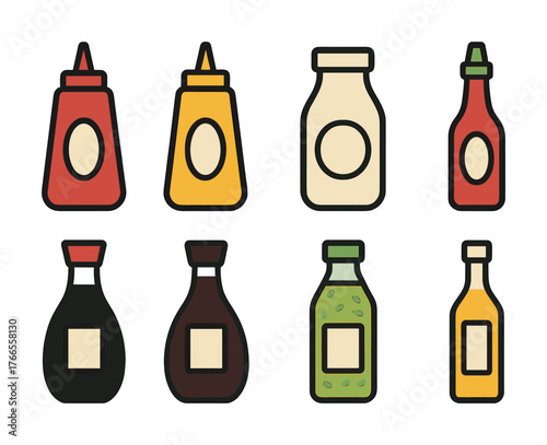 Vector Variety of condiment bottles: ketchup, mustard, hot sauce, soy sauce, and more